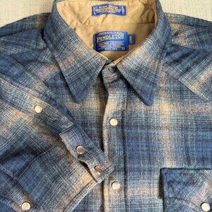 Pendleton High Grade Western Wear Pearl Snap Blue Plaid Virgin Wool Shirt Size L